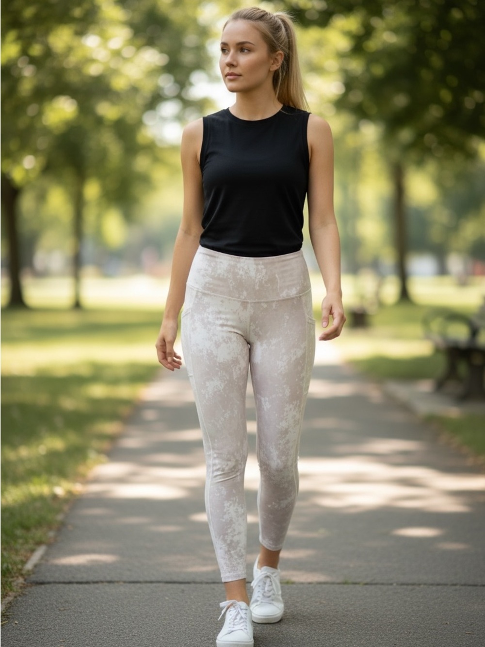 RBX Full Length High-Waisted Leggings in Light Taupe and White Wash